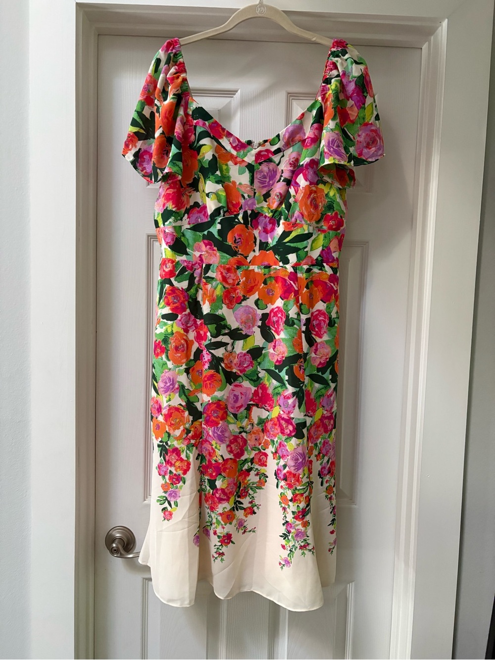 Maggy London Cream Floral Midi Dress with Pink, Orange & Green